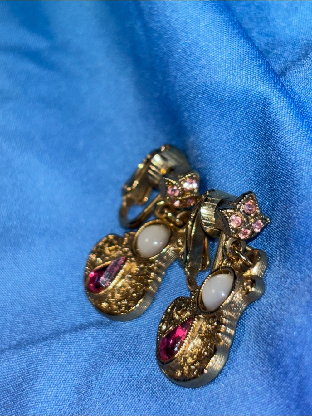 Beautiful rare htf pink gold tone clipon costume earrings vintage 60s jewelry - Picture 3 of 4